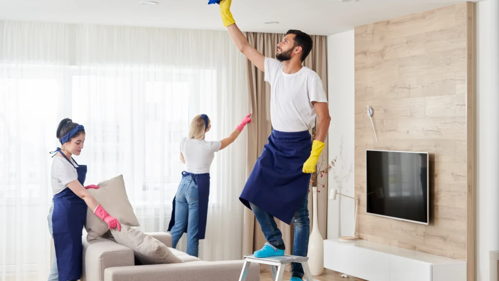 Cleaner wiping baseboard during deep cleaning in Pittsburgh home